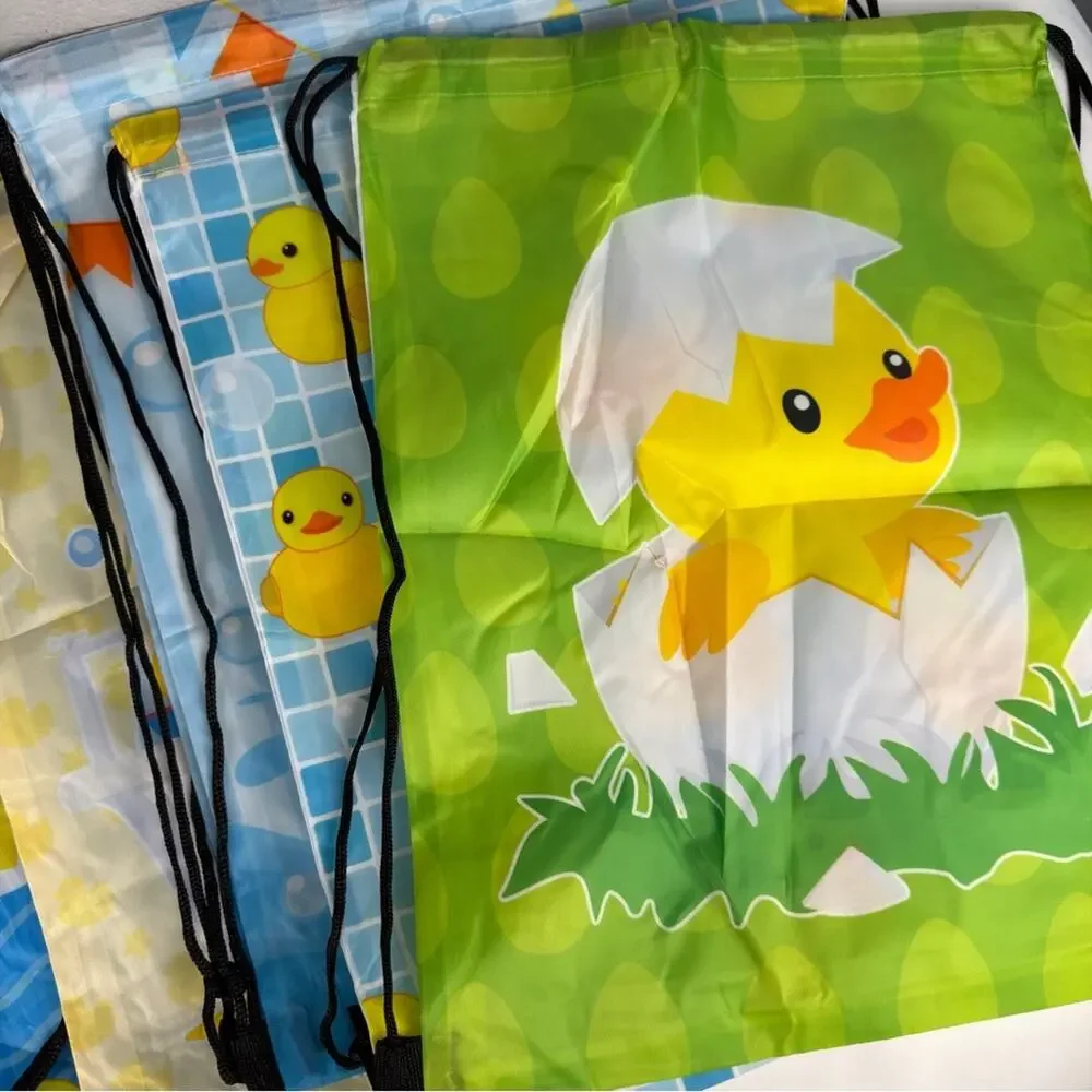 NWOT Duck-Themed Kids Drawstring Backpack Set - Yellow, Pink, Blue 8 pack